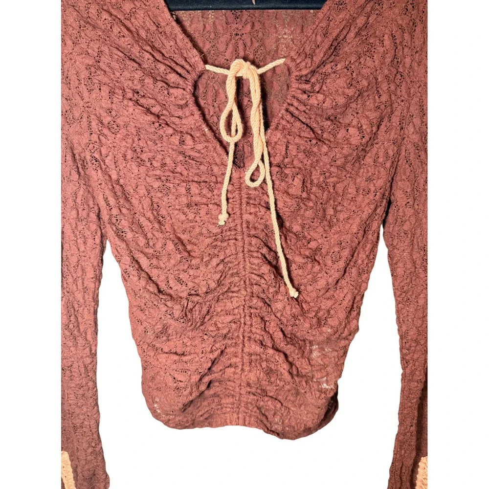 Free People Lilah Lace Top Ruched Keyhole Long Sleeve Boho Brown Size Medium